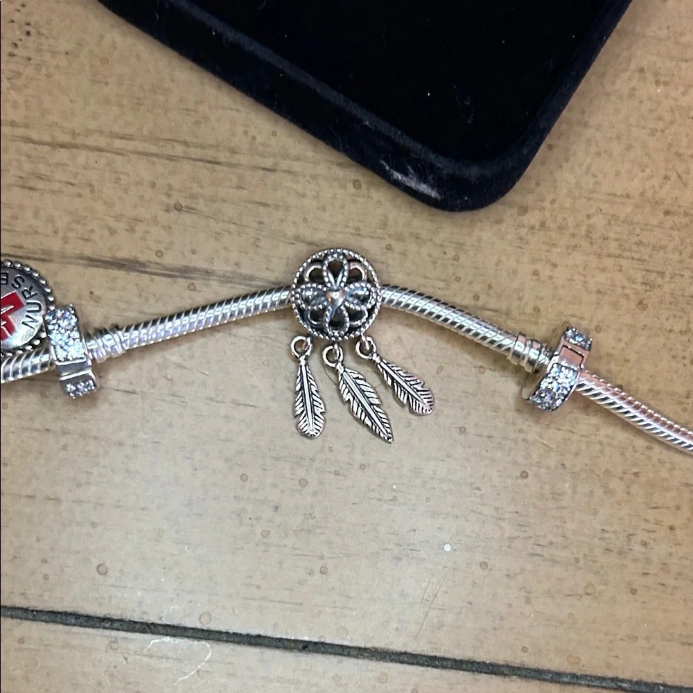 Pandora Sterling Silver Rope Bracelet 7.5 inches with 2 spacers and 6 charms! - Picture 6 of 12